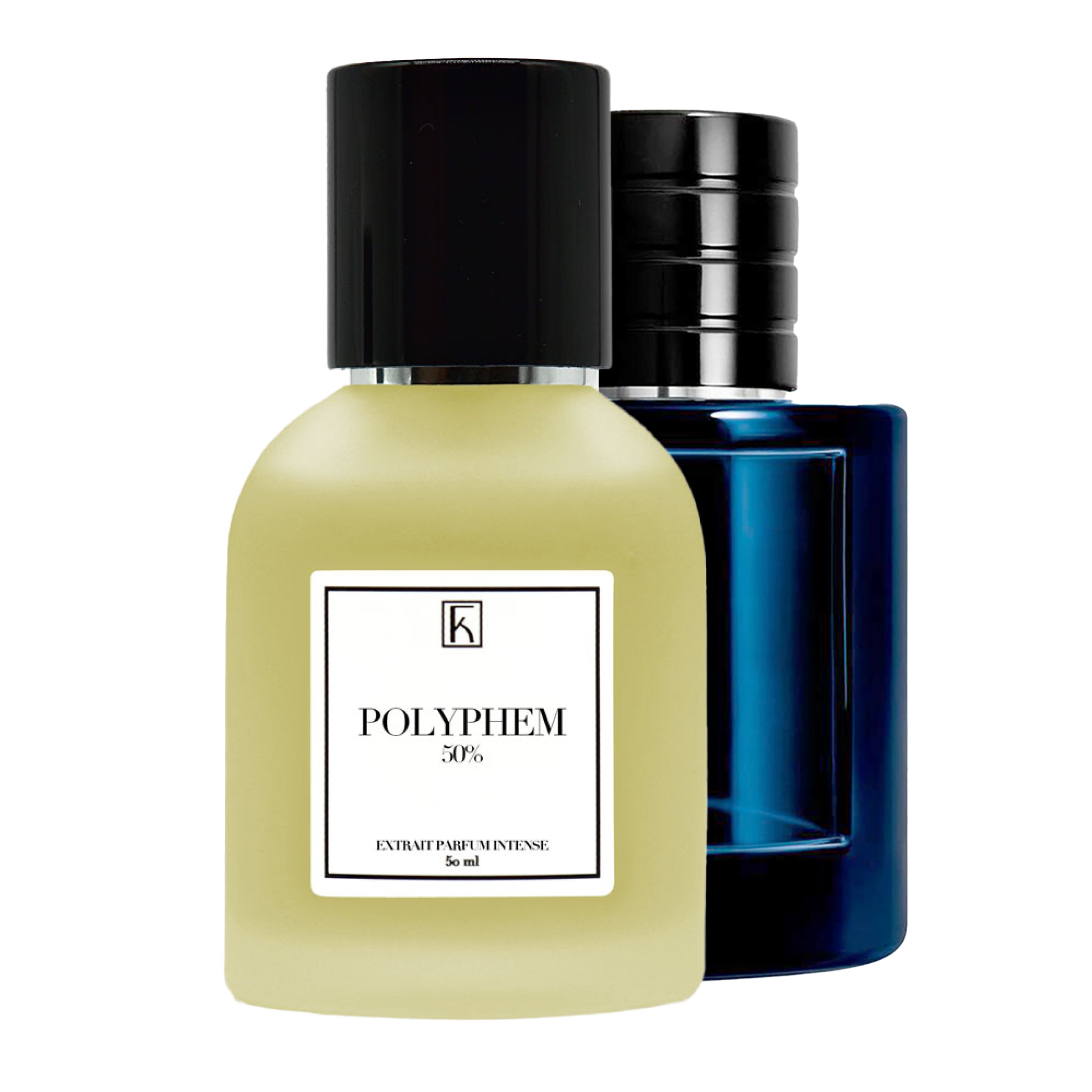 Im Vordergrund steht ein Glasflakon mit hellem Inhalt und schwarzem Deckel, gekennzeichnet als Polyphem 50%. Dahinter ein dunkelblauer Flakon.