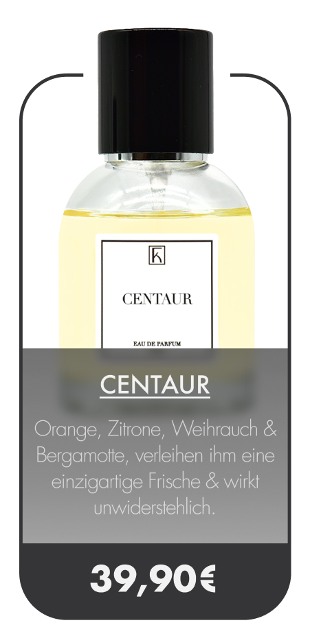 Eine Parfumflasche mit schwarzem Deckel und hellem Inhalt, Etikett „CENTUAR“. Darunter Text zu Duftnoten und Preis 39,90€.